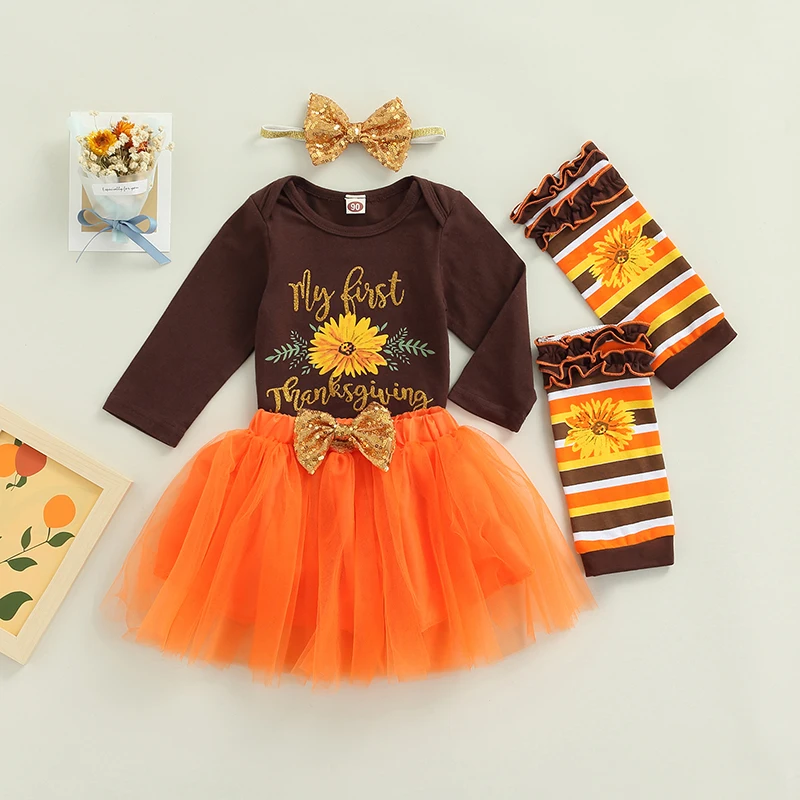 

Baby Romper Set Headband Thanksgiving Letter Flower Print Romper Sequined Bowknot Decorated Mesh Skirt Ruffled Leg Cover