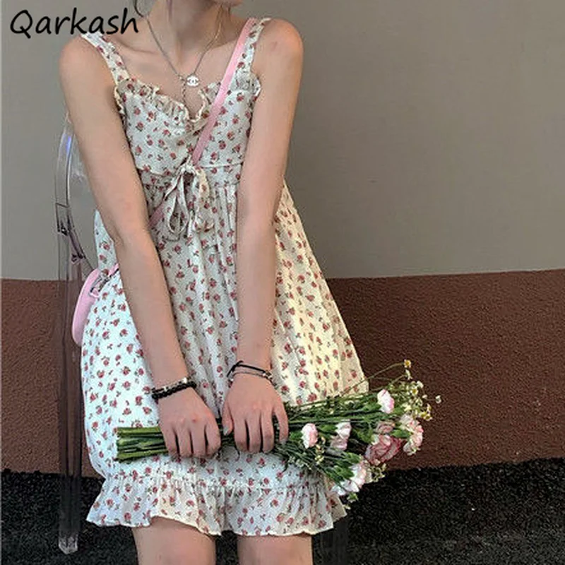 

Dresses Women Mini Summer Friends Ruffles Floral Pattern Female Causal High Street Ulzzang Vestidos Holiday All-match Inside Ins