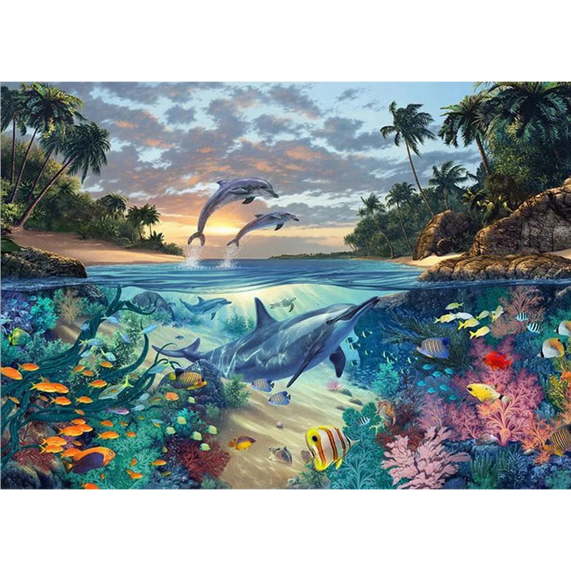

DIY 5D Diamond Painting Dolphin Diamond Embroidery Animal Cross Stitch Rhinestone Full Round Drill Mosaic Ocean Scenery Decor