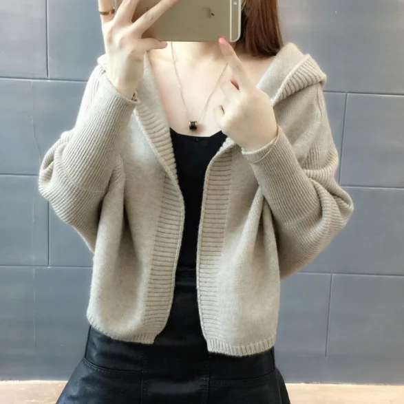 Bat Sleeve Cloak Style Short Cardigan Sweater Women Basic Coats Sueter Mujer Hooded Knit Shawl Jacket Top Femme AQ899 |