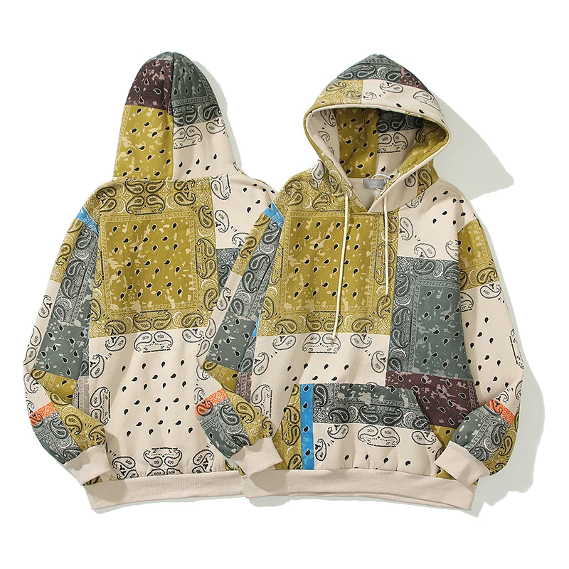 

Cashew Flower Print Retro Spliced Stranger Things Hooded Sweatshirt Mens Streetwear Casual Oversize Loose Vibe Fleece Hoodies