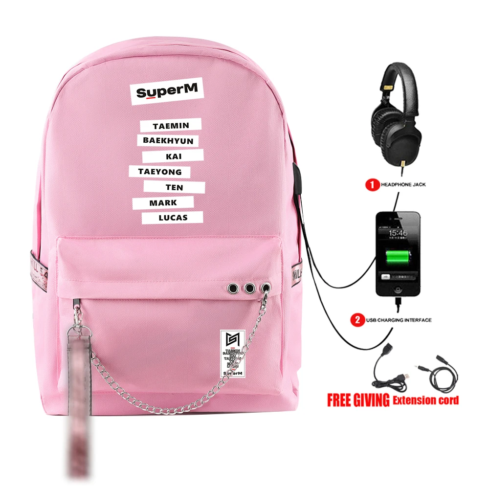 SuperM рюкзак KPOP крутой логотип команды стильный с подвесным орнаментом с USB молнией модный рюкзак для путешествий