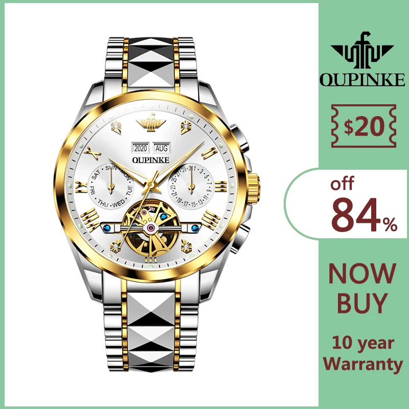 

OUPINKE Watch Men Automatic Mechanical Green Water Ghost Watches Mens Fashion Luxury Brand Waterproof Tourbillon Gifts Business