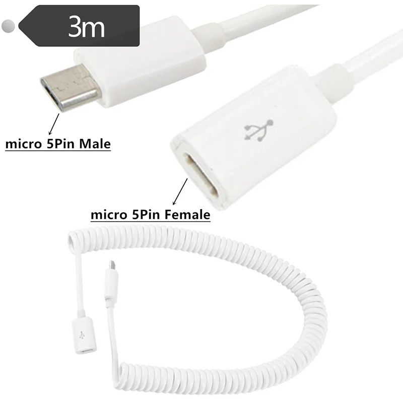 10 футов 3 м Спиральный Micro USB B штекер-гнездо M/F УДЛИНИТЕЛЬ зарядный спиральный