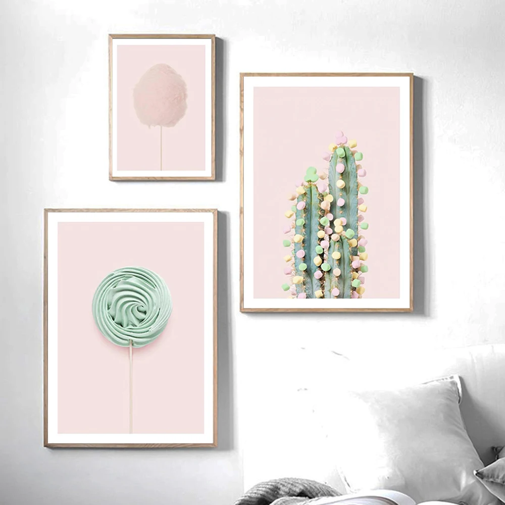 

Nordic Pink Cactus Cotton Candy Canvas Painting Print Posters Modern Wall Art Picture for Girl Room Dessert Shop Home Decor