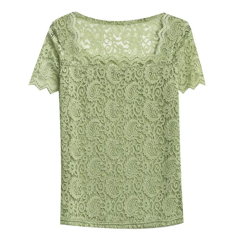 

Lace top women's short sleeve 2021 summer new style square neck sexy hook flower hollow out foreign style T-shirt