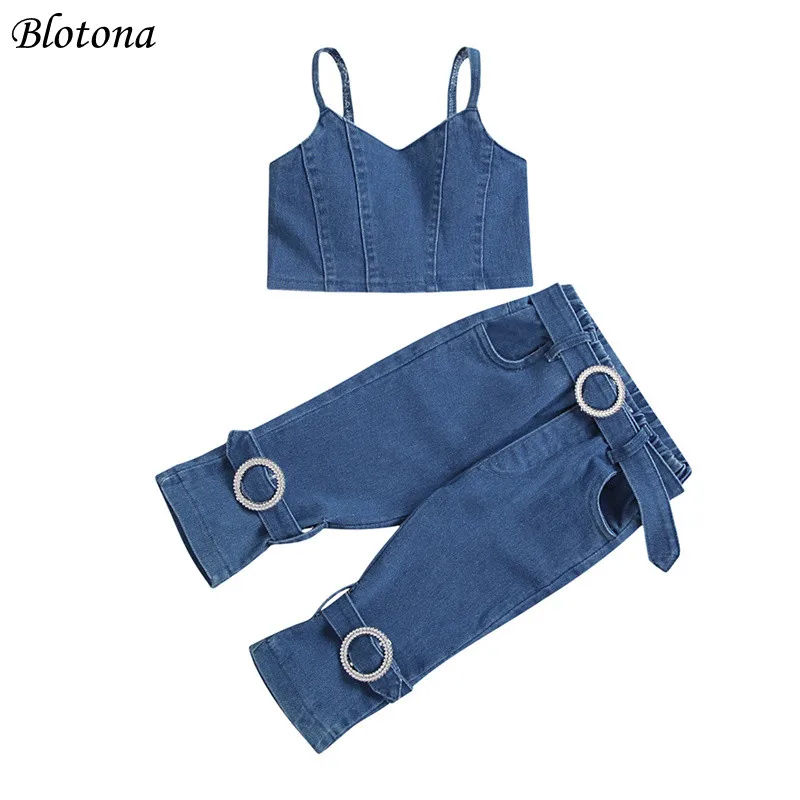 

Летний костюм для младенцев Blotona, однотонный джинсовый топ на бретельках-спагетти с V-образным вырезом и джинсы с подвижными карманами и пря...