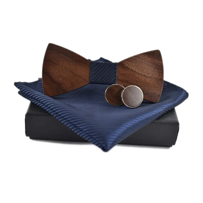 

Men Casual Party Bow Tie Wooden Bowtie Cufflinks Handkerchief Suit Shirts Wooden Ties Set