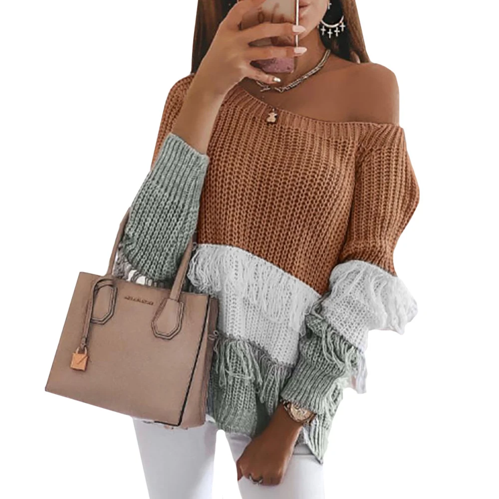 Модный женский свитер с кисточками лоскутный Теплый Женский пуловер круглым