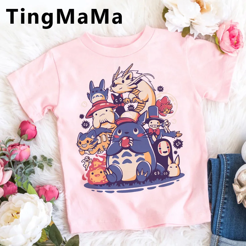 Новинка футболка Totoro детские летние топы мультяшная розовая кавайная с японским