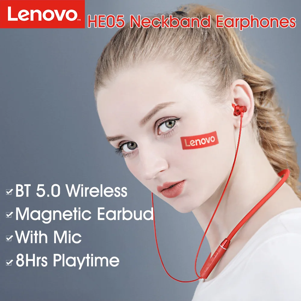 Оригинальная Bluetooth гарнитура Lenovo HE05 шейные спортивные беруши шумоподавление с