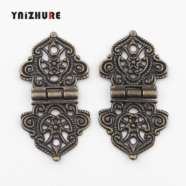 Green bronze Винтажные легированные полые петли с цветком, китайская фурнитура для мебели, металлические петли, дверные петли для шкафа для коробки DIY, 24*54 мм, 2 шт - Цвет: Green bronze