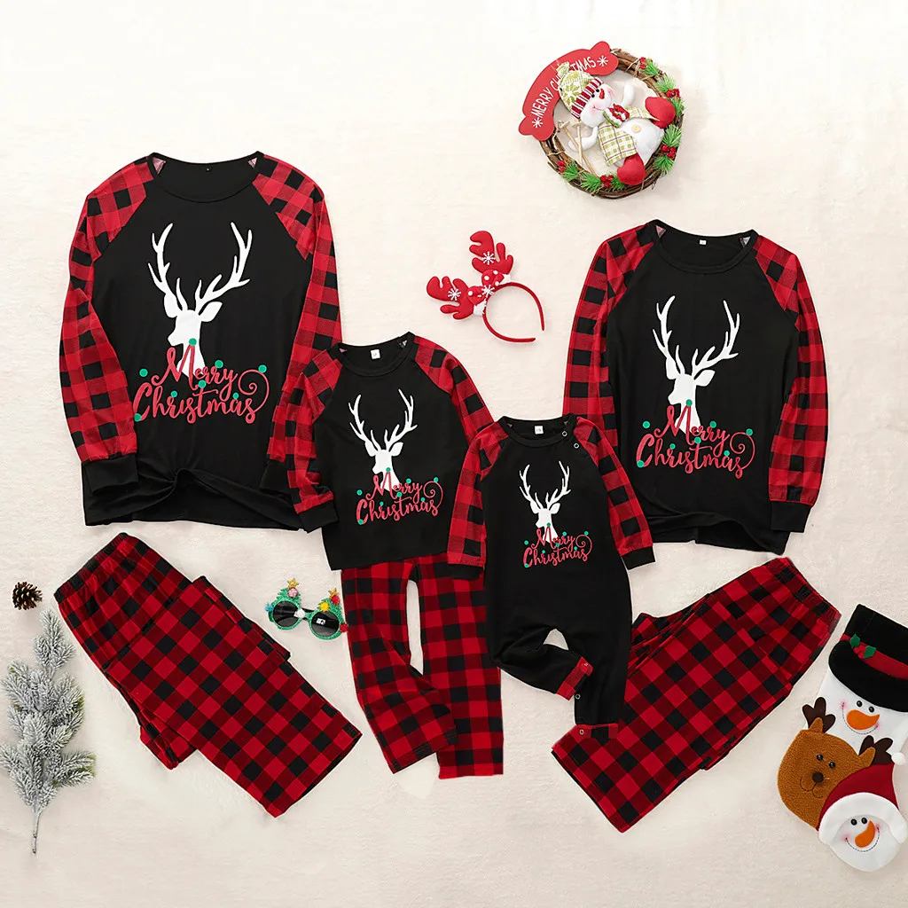 Hot Sale Family Matching Christmas Clothes Newborn Baby Infant Pajamas Deer Plaid Rompers | Детская одежда и обувь