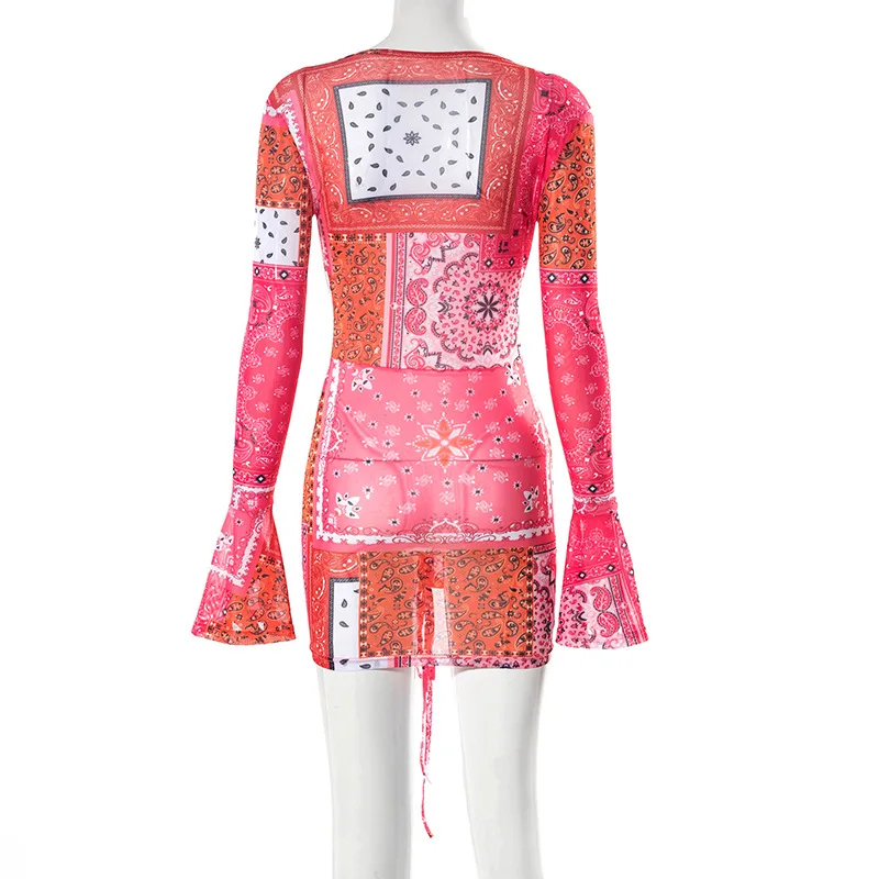 

Casual Women Mini Dress Deep V-neck Flare Sleeve Print Drawstring Party Night Clubwear Clothes For Women Outfit