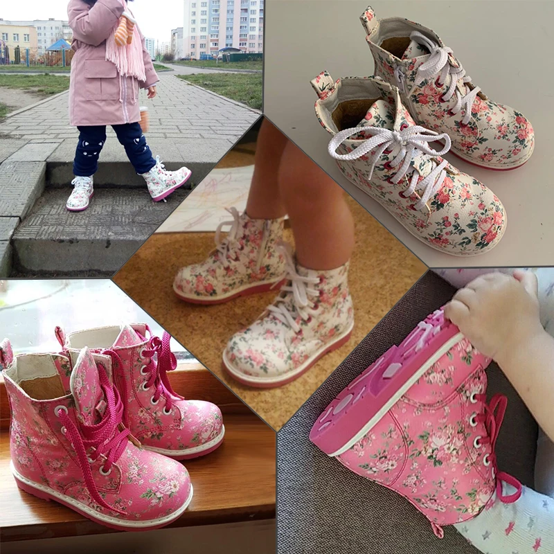 Ortoluckland Kids Lace-Up Sneakers Orthopedic Baby Shoes Leather Short Plush Winter Spring Autumn White Print Girls Ankle Boots | Детская