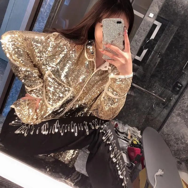 Осенняя Женская шикарная куртка с блестками пальто уличная одежда золото