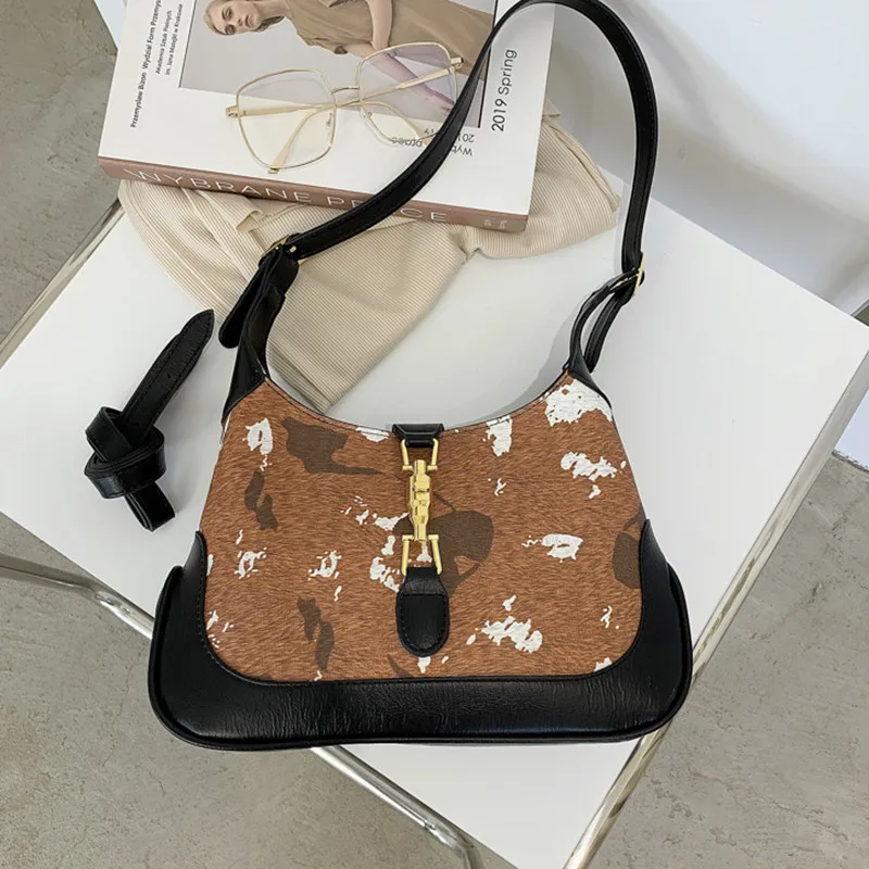 

women new retro printed baguette bag Korean fashion brand lock shoulder bag PU leather texture female bags 2021 handbags