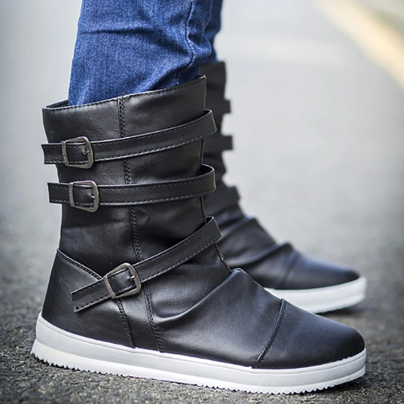 

Winter Mens Light Luxury Fashion Cowboy Boots Belt Buckle Round Head Side Zipper Outdoor Personality Trend All-Match Male Shoes