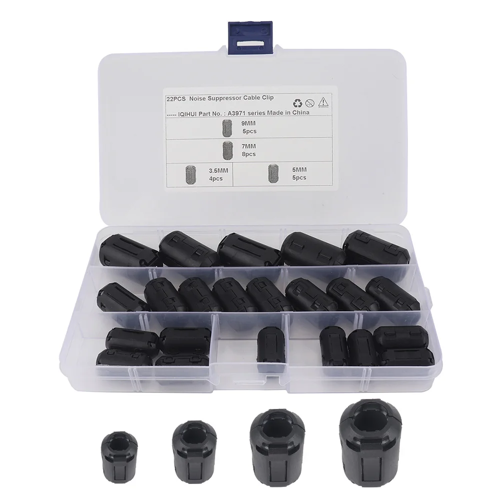 

22pcs Black Clip On Clamp Ferrite Core Ring Kit Noise Suppressor Filters Cable Connector Clamp For 3.5mm/5mm/7mm/9mm Cable