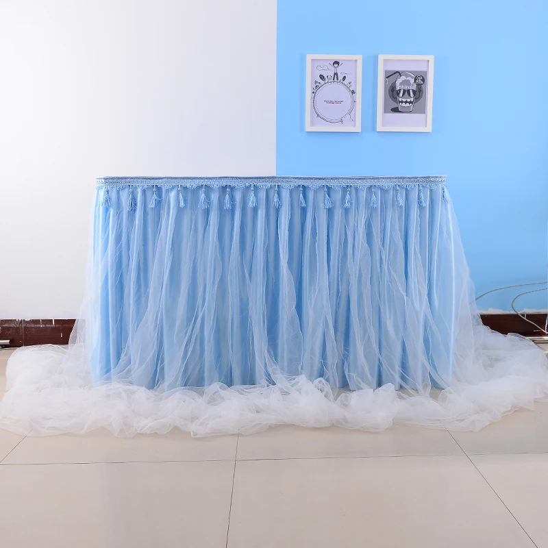 

Wedding Table Skirt Baby Shower Tulle Table Skirting with Tassel Beads Rectangle Tutu Table Cloth Birthday Party Decoration
