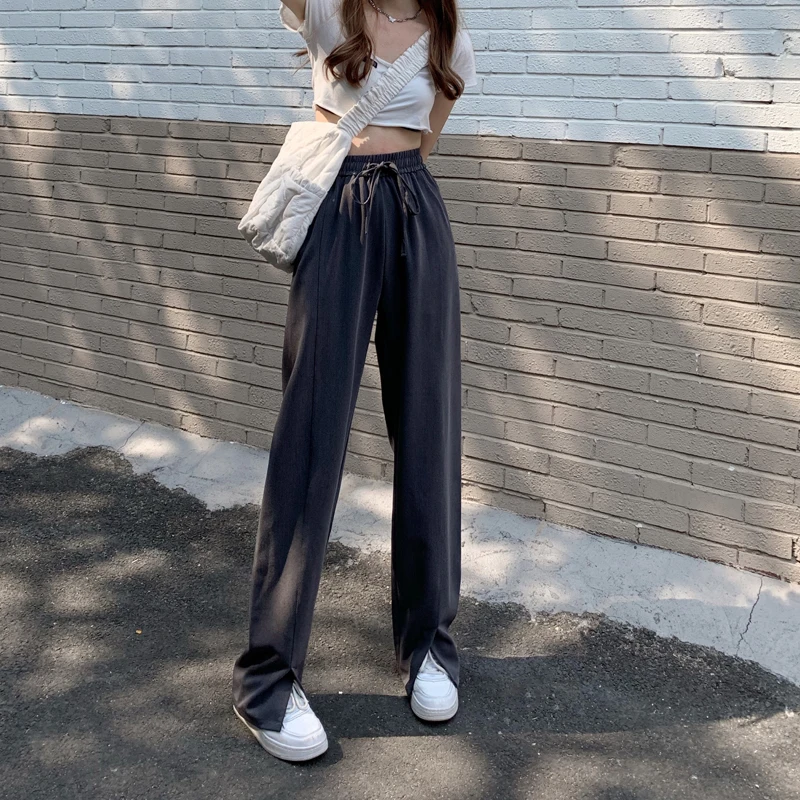 

2200 new versatile high waist loose drape front slit wide leg mopping trousers casual pants