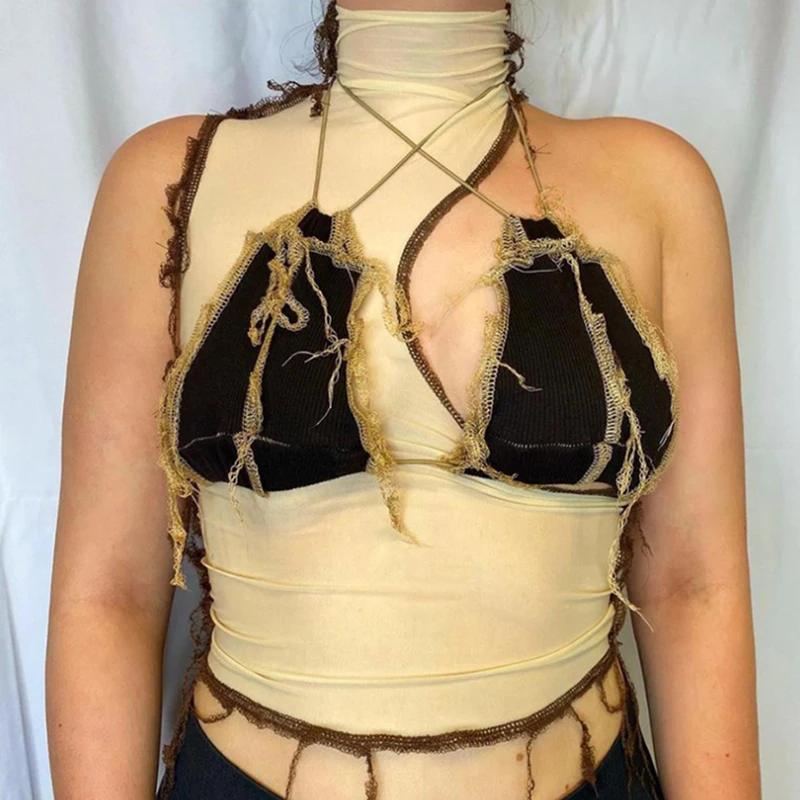 

Hollow Fashion Sexy Tank Top Chaleco Mujer Crop Splicing Off Shoulder Vest Gilet Women Chalecos kamizelki Sans Manche Femme Moda