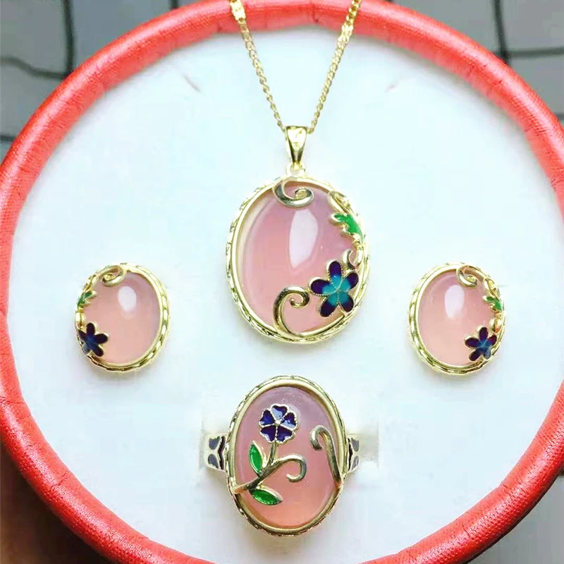 Jadery зеленый розовый нефрит 925 пробы Серебряное ожерелье/серьги/Кольцо Ювелирные