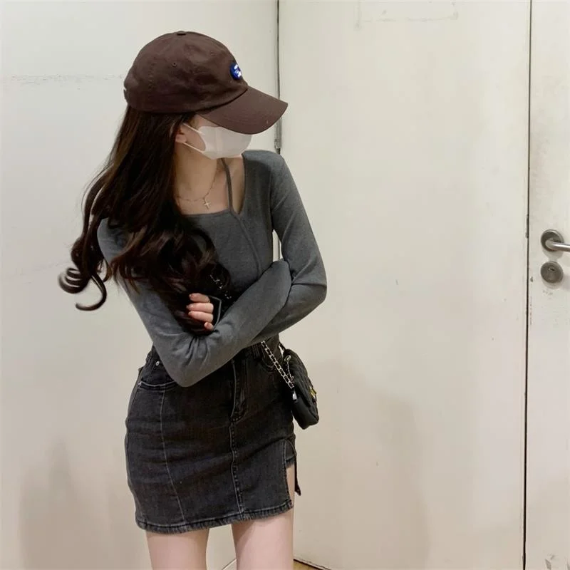 Осень-зима 2021 короткая облегающая футболка с длинным рукавом | Женская одежда