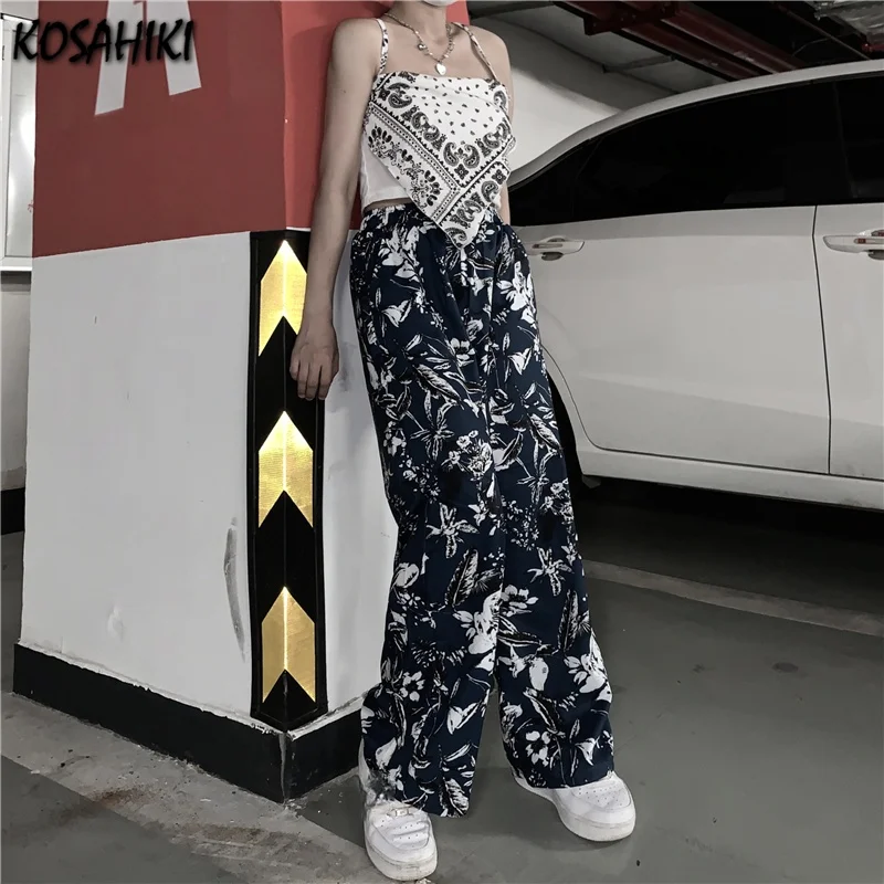 

KOSAHIKI Floral Pattern Pants Women Fashion Cargo Joggers High Waist Loose Female Trousers Korean Style Ladies Pants Harajuku