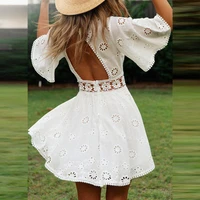 flare sleeve cotton white lace dresess women cottagecore casual dress summer short mini sexy backless vestidos hollow out dress