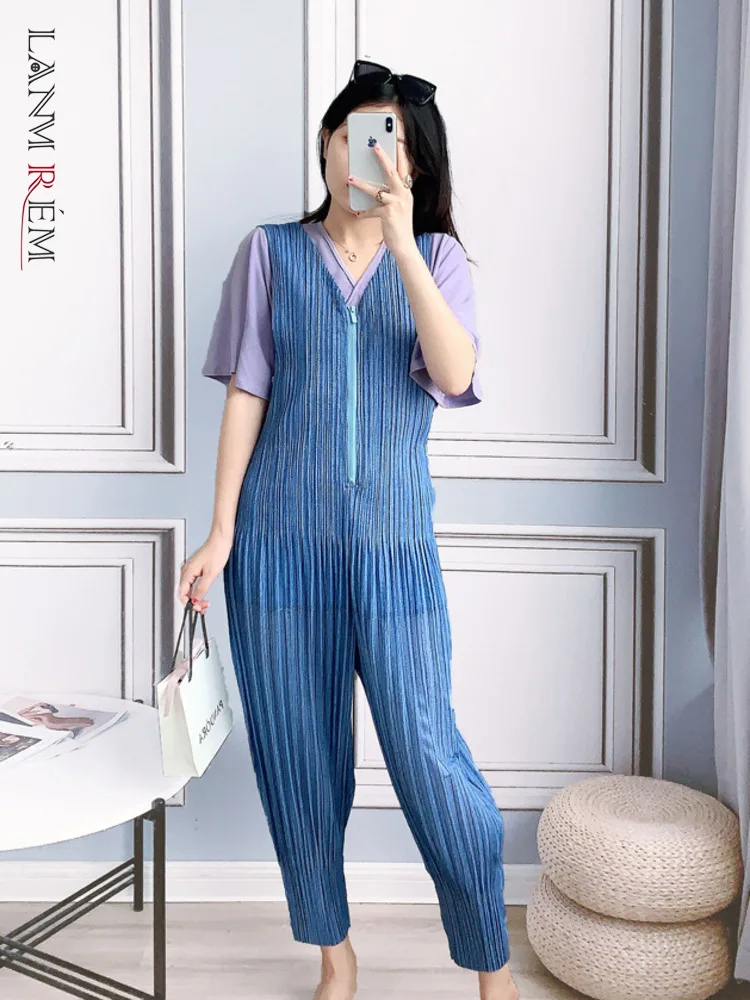 

LANMREM Pleated Jumpsuit Women's 2021 Summer And Autumn Fashion Harem Pants Sleeveless Blue Jumpsuits Female Fashion 2T1249