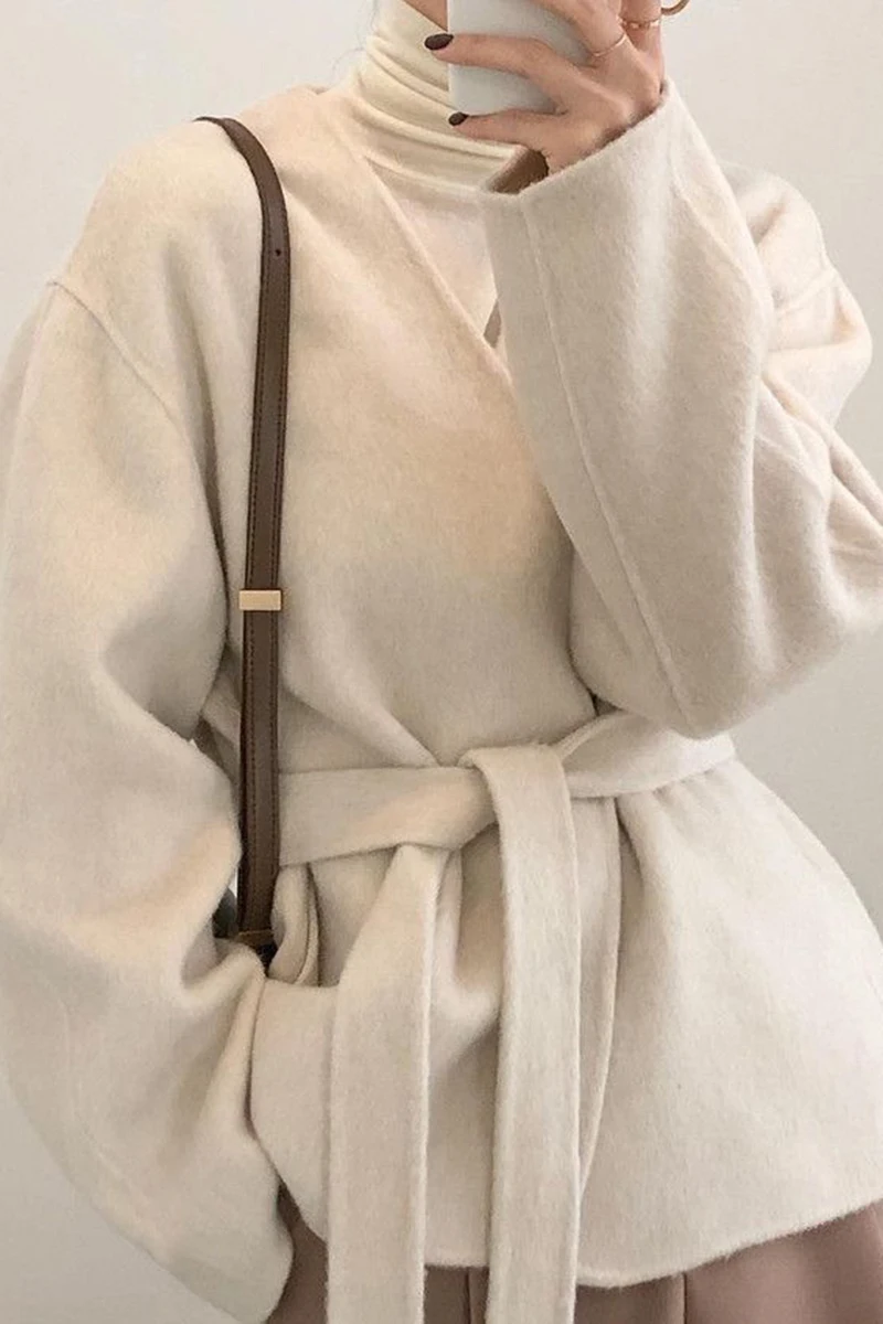 

SHENGPALAE 2021 Autumn Winter Women's Short Coat Elegance V-neck Lace Up Waist Cardigan Warm Double Faced Woolen Jacket 5A317