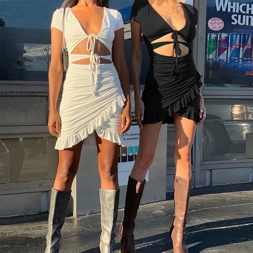 

Sexy V Neck Mini Women Dresses Summer 2020 New Stylish Solid Color Bandage Hollow Out Plus Size Fashion Ropa Mujer Talla Grande