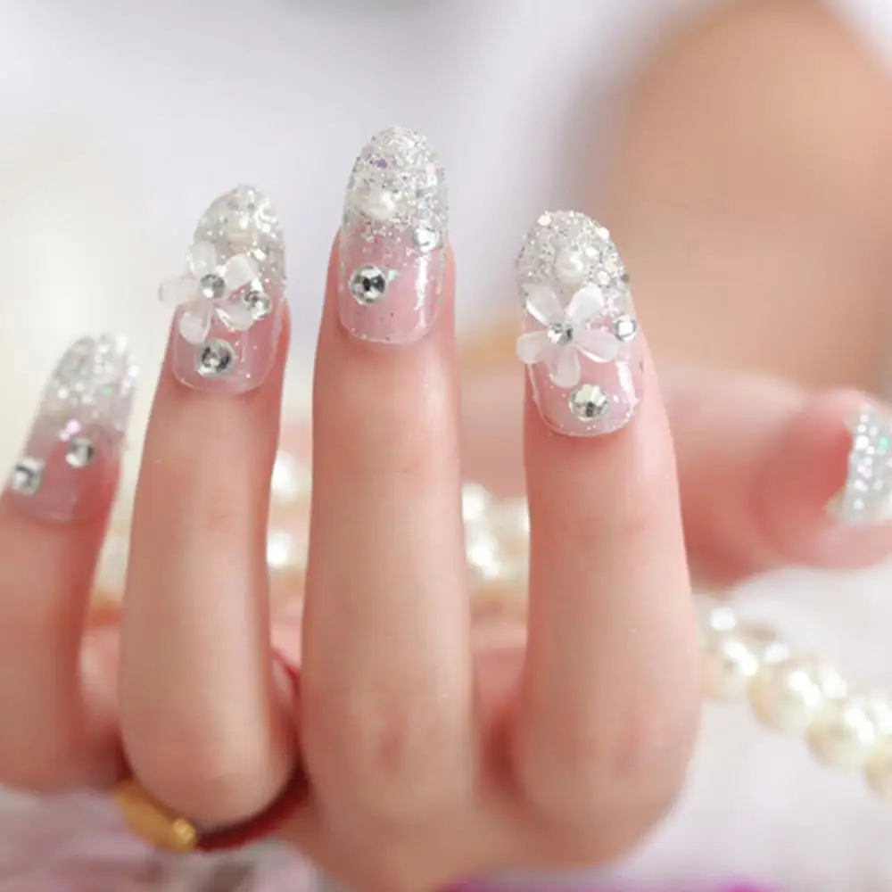 

3D Bride Wedding False Artificial Fake Nails Tips French White Stud Finger