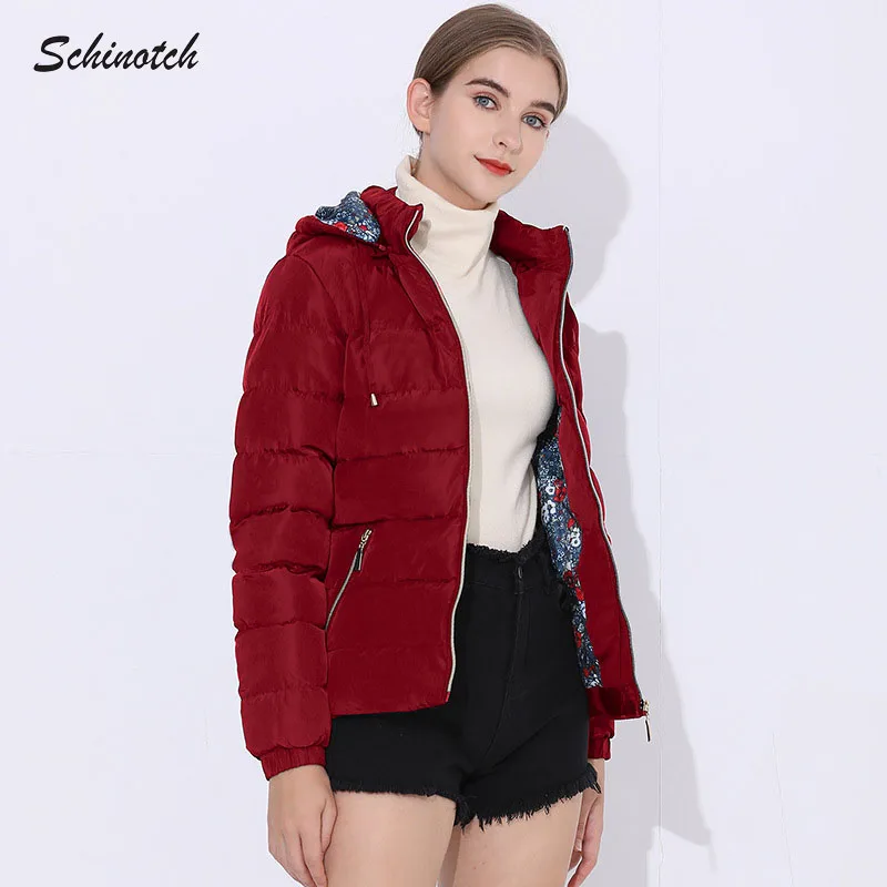 Schinotch Women Padded Jacket Thick Winter Warm Hooded Coat Vintage Floral Liner Outwear Parka Ladies Clothes