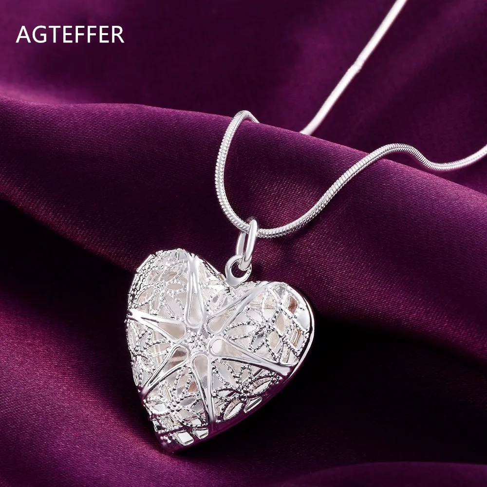 AGTEFFER 925 Sterling Silver 18 Inch Snake Chain Heart-Shaped Photo Frame Necklace For Women Fashion Wedding Party Charm Jewelry