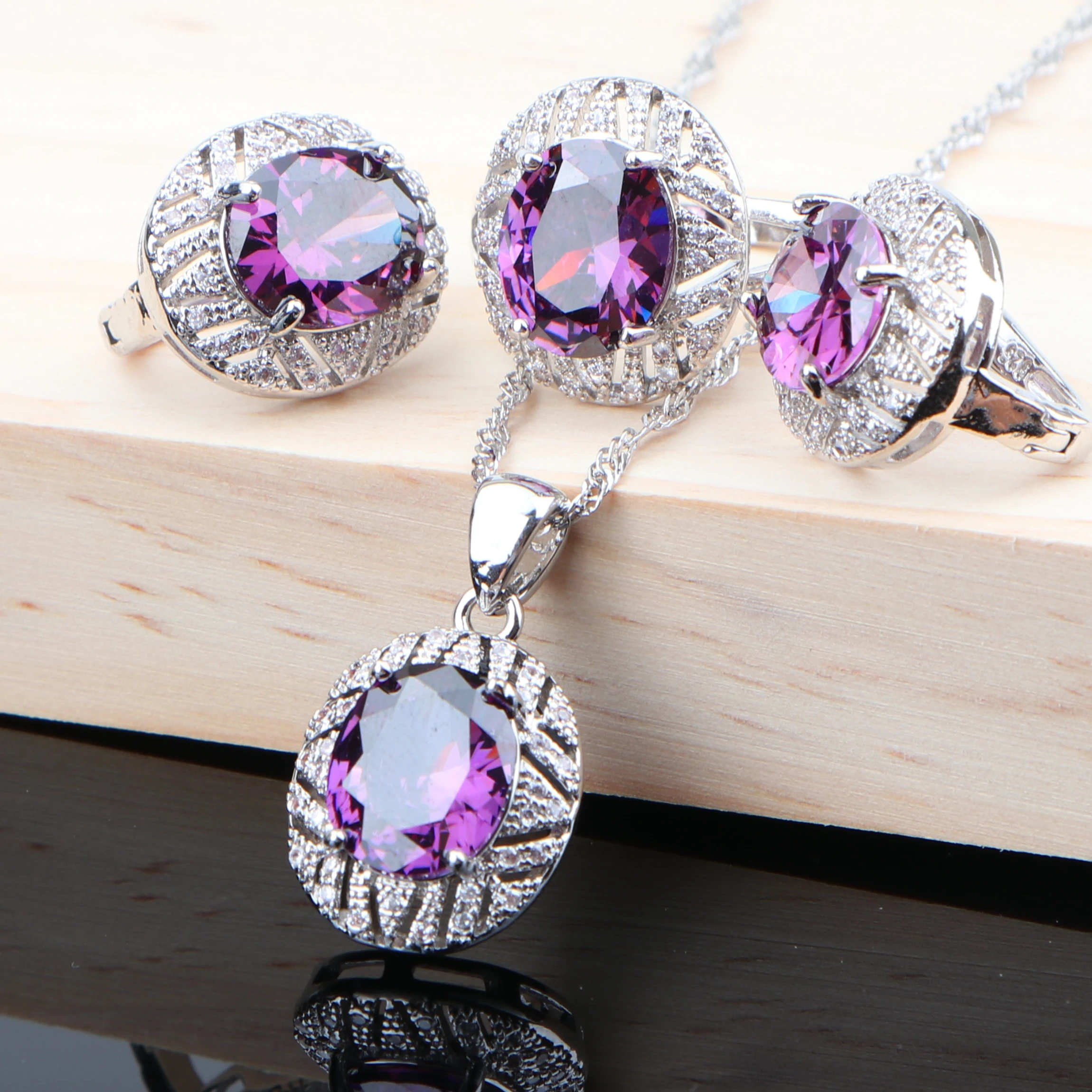Свадебные фиолетовые циркониевые серебряные 925 Ювелирные наборы каменные серьги