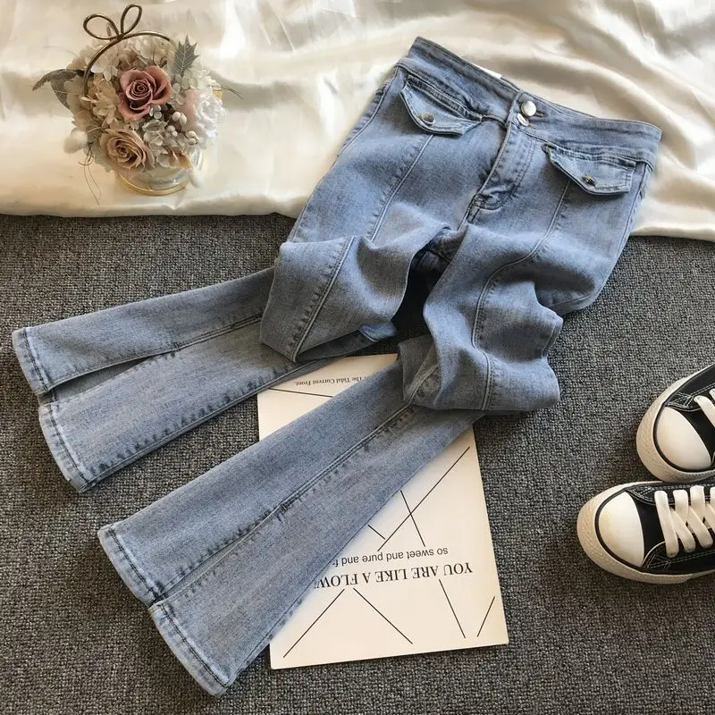 

2021 Spring Vintage Korean Style High Waist Slim Denim Jeans Women Clothing Cotton Elastic Slit Long Flare Pants