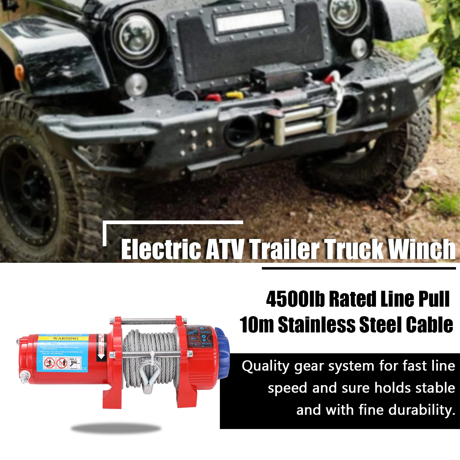 

winch electric 12v Car Recovery Electric ATV Trailer Truck Winch with 4500lb Rated Line Pull 10m Galvanized Steel Cable