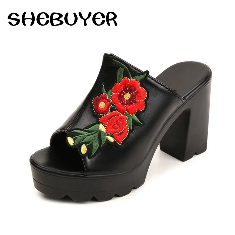 Женские шлепанцы на квадратном каблуке 10 см сандалии без задника платформе с