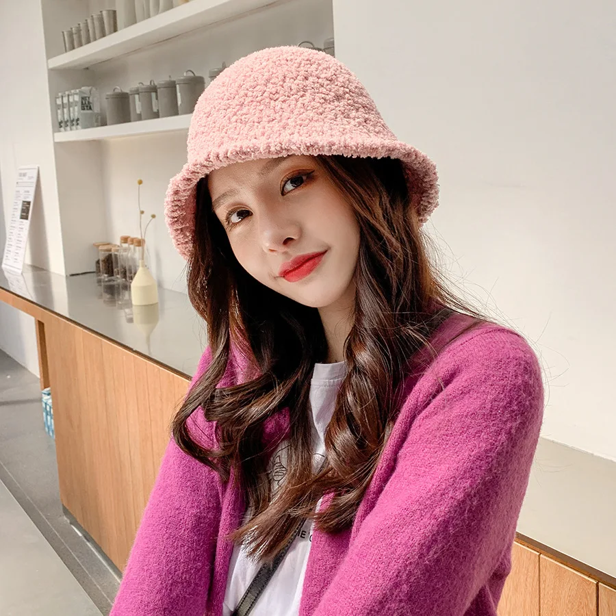 Women's Bucket Hat Winter Cap 2021 Spring Fisherman Hip Hop Plush Lambswool Girls Casual Summer Warm Beach Streetwear
