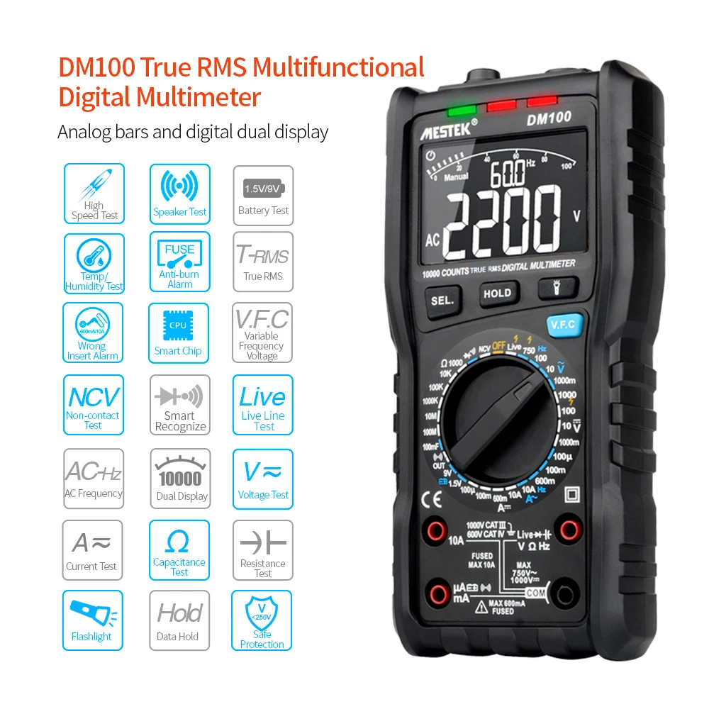 

MESTEK DM100 Digital Multimeter High Speed Smart Double Core T-rms NCV Temperature multimetro Anti-burn Fuse Alarm multimeters