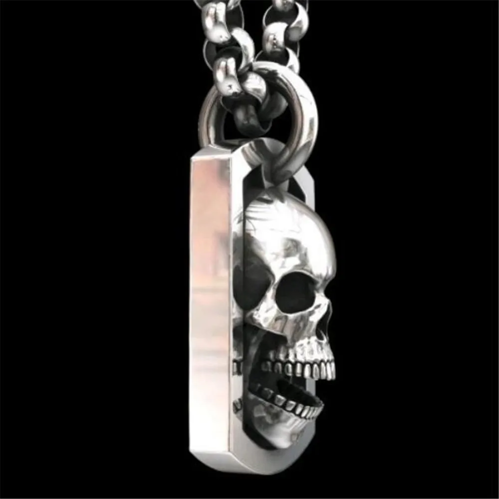 

Fashion Vintage Punk Simple Rectangular Skull Stainless Steel Necklace For Men Hip Hop Party Biker Pendant Necklace Jewelry Gift