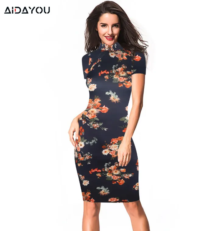Женское винтажное платье Ципао с цветочным принтом стрейчевое воротником
