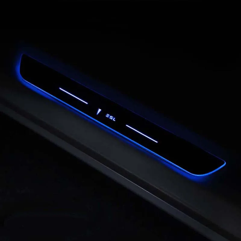Синий Интерьерные аксессуары для Tesla модель 3 модель 3 led порог двери порог приветственные огни педаль отделка Декоративная наклейка на рамку - Название цвета: Синий
