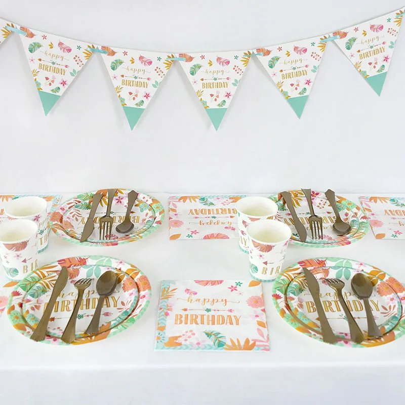 

Happy Birthday Party Disposable Tableware Sets Leaf Paper Plate Cups Napkins For Baby Shower Kids 1st Birthday Decoration Banner