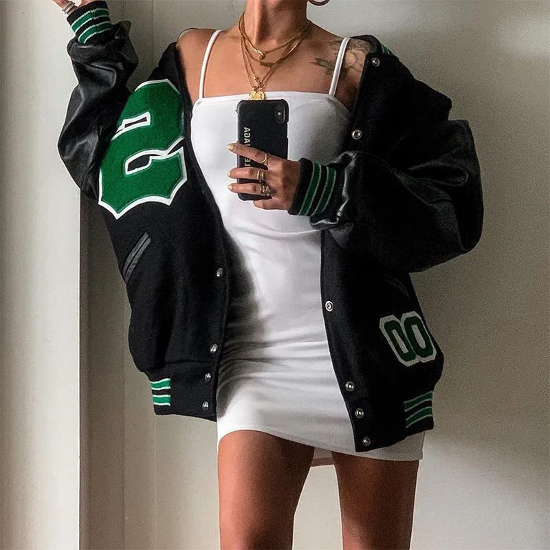 

Embroidery Autumn Varsity Jacket Women Streetwear PU Leather Loose Women‘s Baseball Jackets Coat Oversized Hip Hop Bomber Jacket