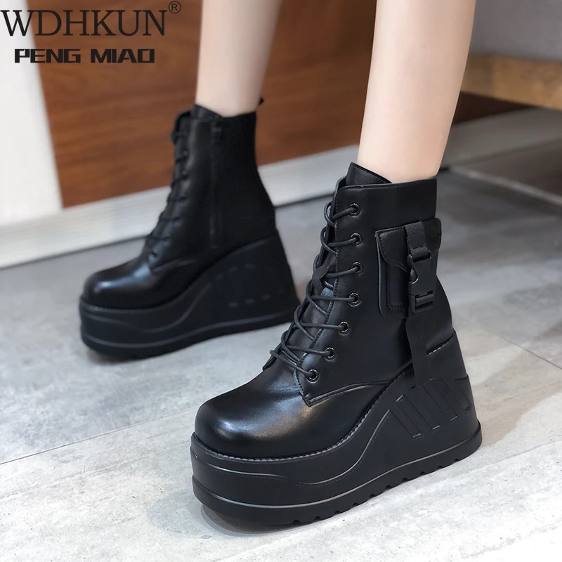 

Brand Punk Goth Platform Motorcyle Boots Wedges Women's Boots Lace Up Trendy INS Hot Sale Chain 2021 Casual Luxury Women's Shoes