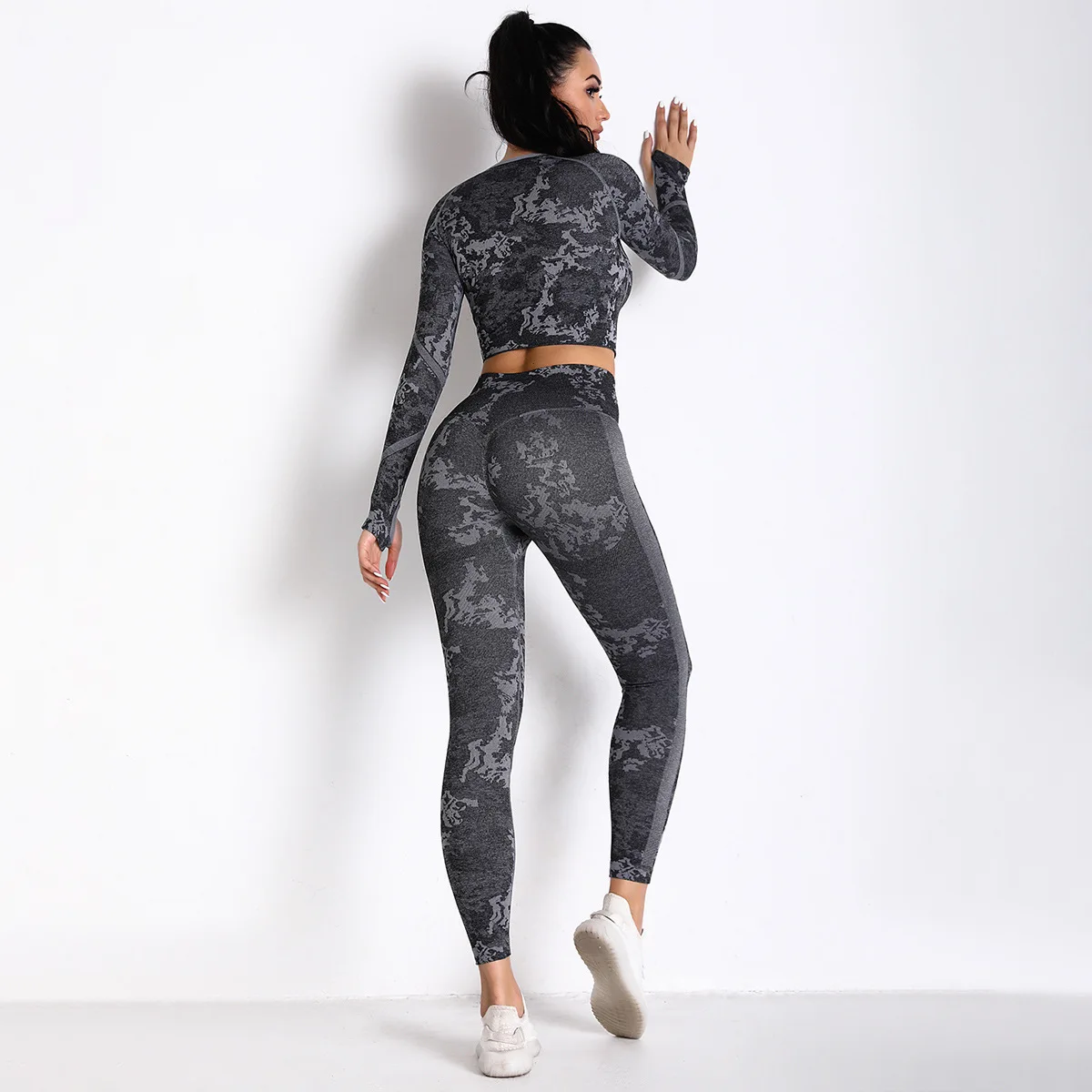 

2 Pcs Sets Yoga Suit Tummy Control Sports Suits Hips Push Up Gym Leggings+Long Sleeve Cropped Tops High Waist Fitness Yoga Sets