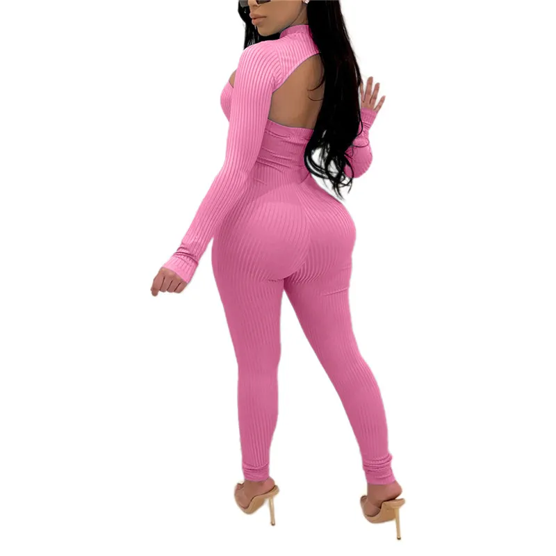 

Women Casual Tracksuits Ribbed Off Shoulder Sexy Jumpsuits+Long Sleeve Crop Tops Female Streetwear Hollow Skinny Outfits Sets